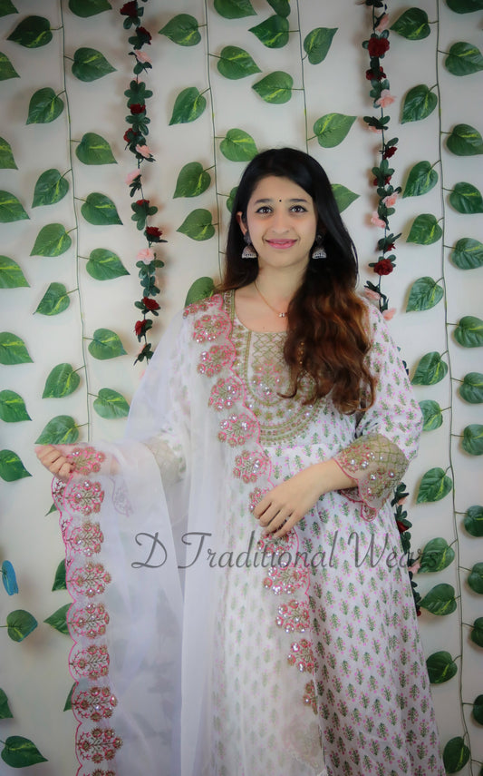 Cotton Kurti Set with Organza Dupatta