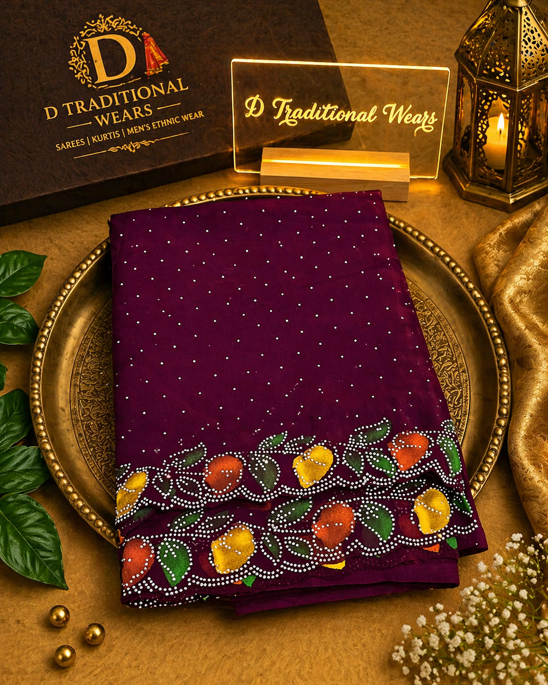 Royal Plum Leaf Border Saree