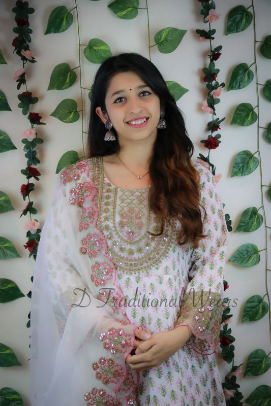 Cotton Kurti Set with Organza Dupatta