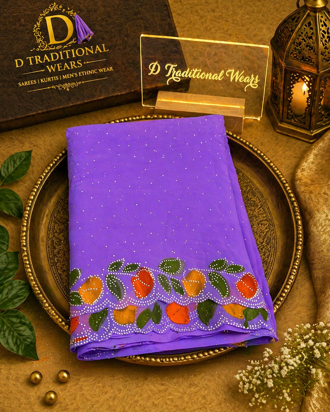 Lavender Blossom Leaf Border Saree